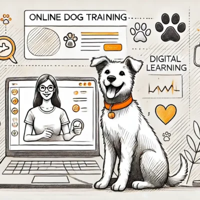 Hund sitzt vor einem Laptop und verfolgt eine Online-Hundeschule – beste Online-Hundeschule und Erfahrungen im virtuellen Hundetraining.