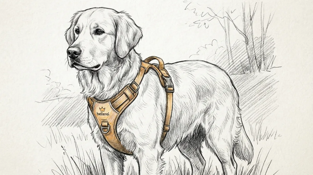 A well-fitting Y-harness on a calm dog, showing the ideal fit around the chest and shoulders.