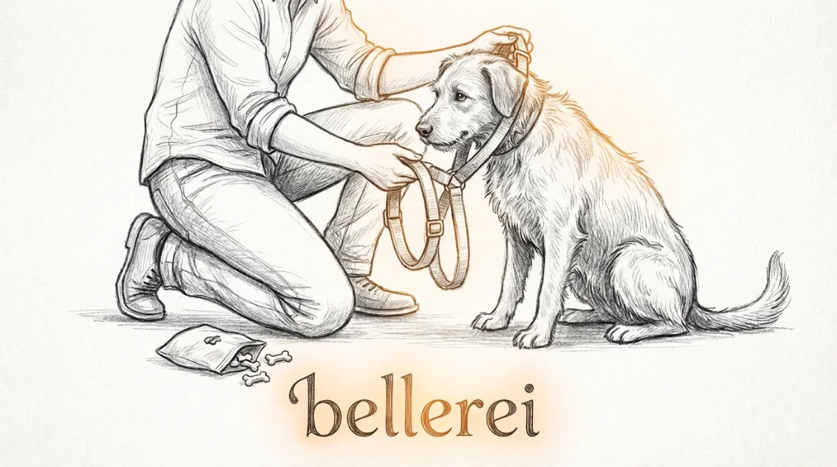 A person gently and patiently putting a harness on a slightly nervous but cooperative dog, with treats visible.