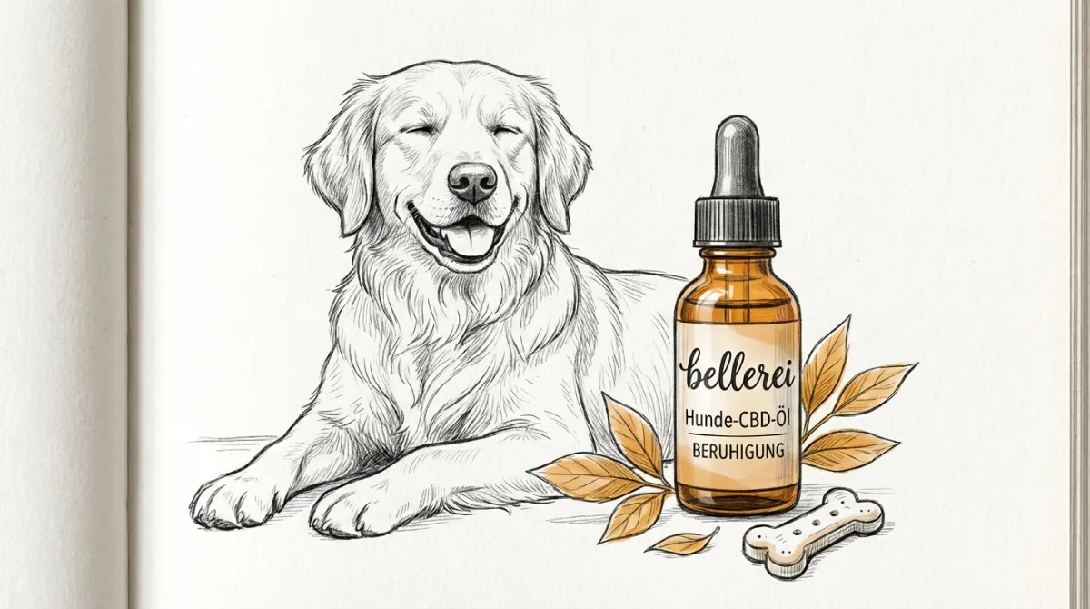 A small bottle of CBD oil for dogs next to a happy, relaxed dog.