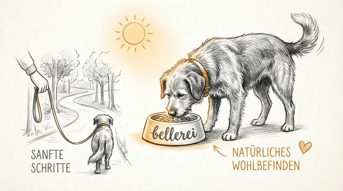 A dog enjoying a healthy meal or a calm walk, illustrating steps towards well-being.