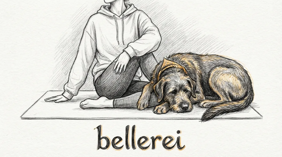 A human doing a gentle yoga pose with their dog lying calmly next to them on a mat, symbolizing Doga.