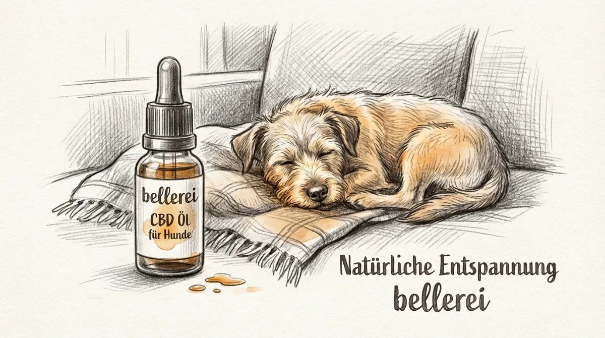 A small bottle of CBD oil for dogs next to a calm dog lying on a soft blanket, representing relaxation aid.