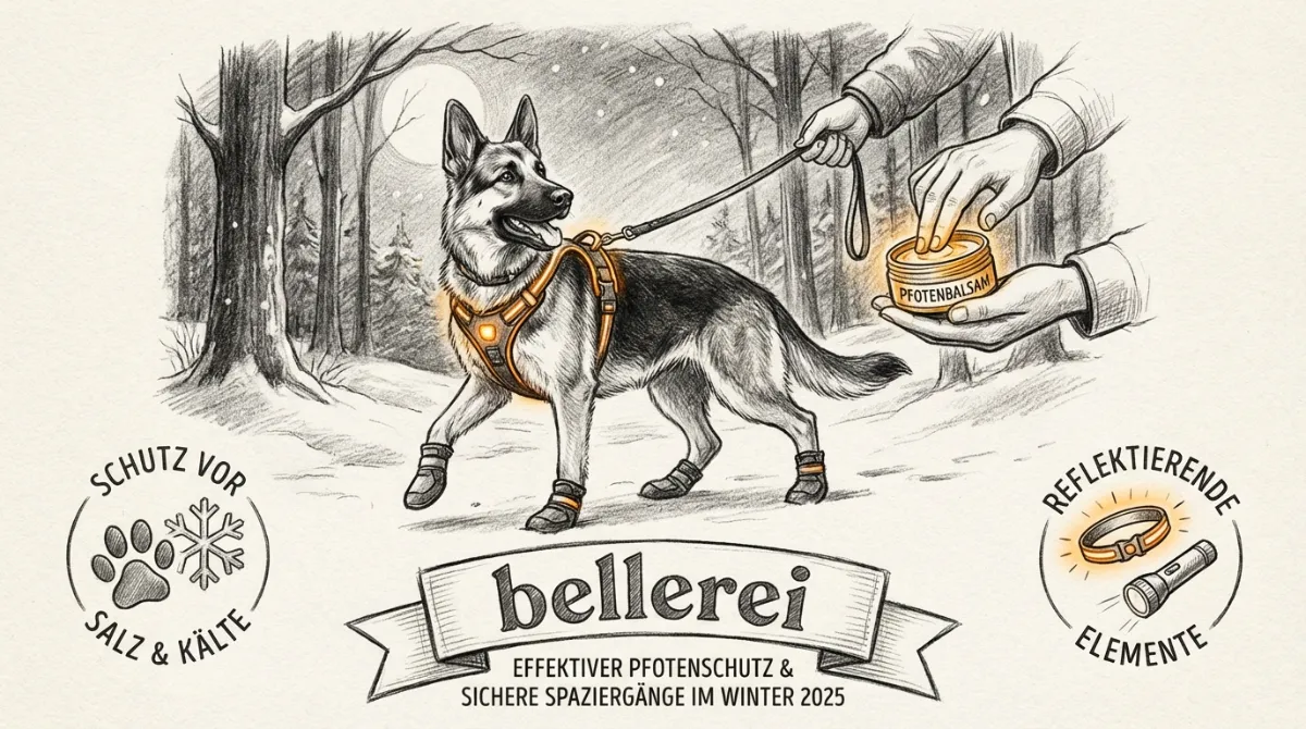 Hero Image for Effektiver Pfotenschutz im Winter & sichere Spaziergänge in der Dunkelheit (2025), pencil sketch style