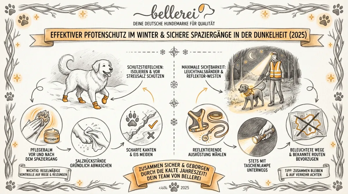 Educational infographic for Effektiver Pfotenschutz im Winter & sichere Spaziergänge in der Dunkelheit (2025) with GERMAN TEXT ONLY, pencil sketch style