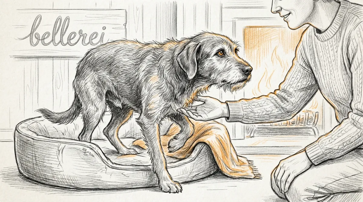 Ein älterer, aber liebevoller Hund, der vorsichtig aufsteht und dabei seinen Besitzer ansieht. Warme, sanfte Beleuchtung.