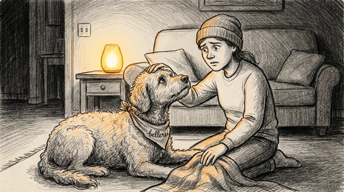 Ein besorgter Hundebesitzer streichelt seinen unruhigen Hund in der Nacht