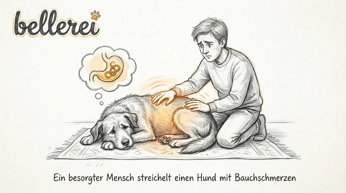 Ein besorgter Mensch streichelt einen Hund mit Bauchschmerzen