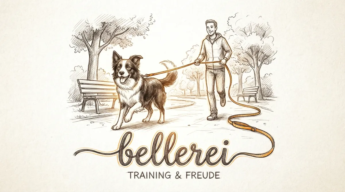 Ein Border Collie und sein Besitzer trainieren fröhlich im Park mit einer Schleppleine