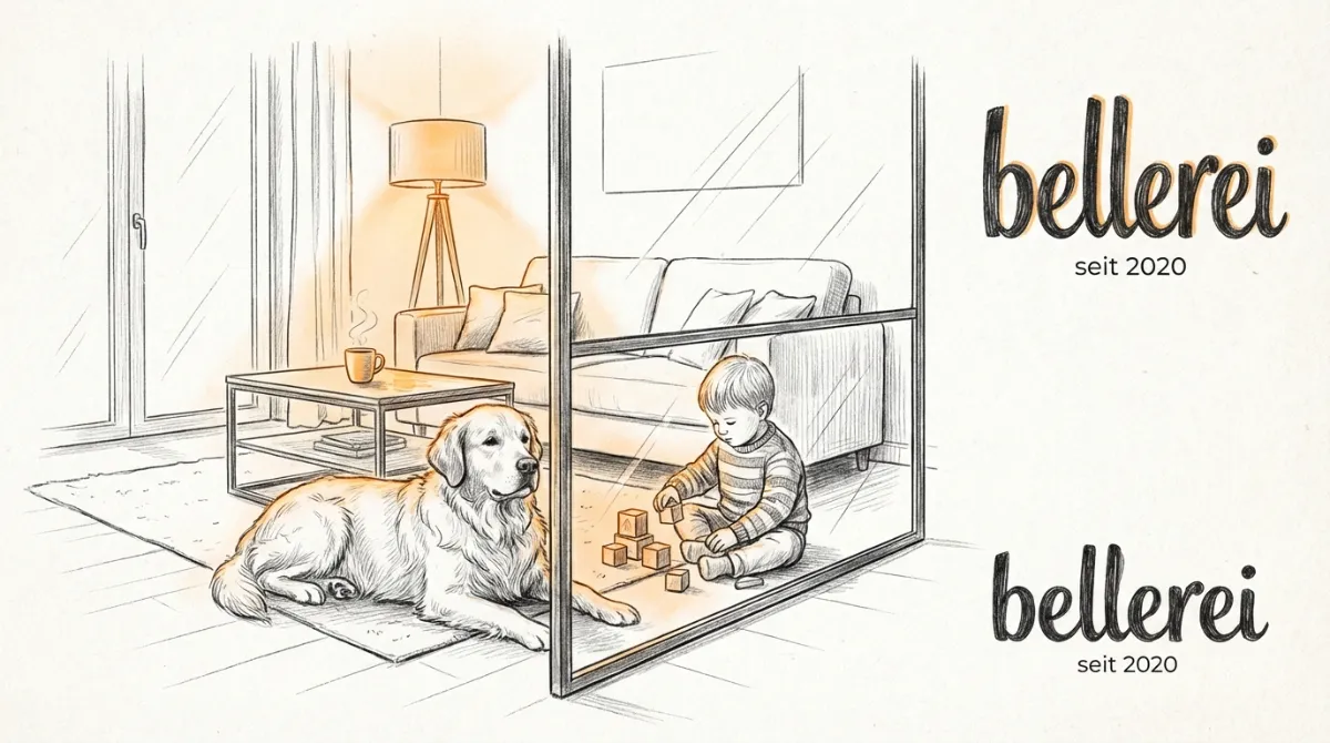 Ein entspannter Hund und ein ruhig spielendes Kind in einem Wohnzimmer, die durch einen durchsichtigen Raumteiler getrennt sind, mit positiver und warmer Atmosphäre. Das Kind schaut nicht direkt zum Hund.