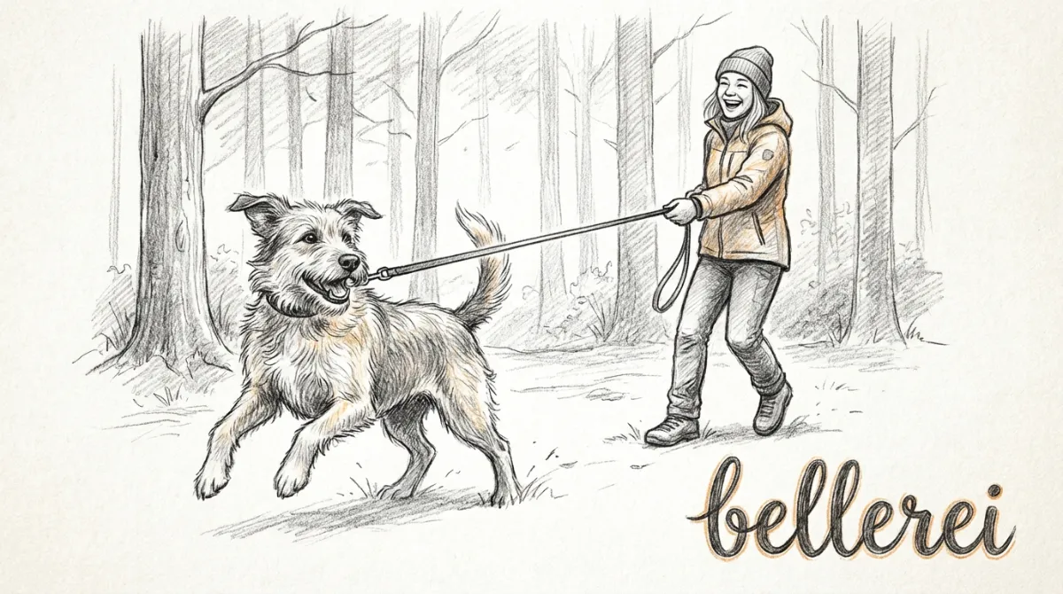 Ein fröhlicher Hund spielt ausgelassen mit seinem Menschen im Wald an einer Schleppleine