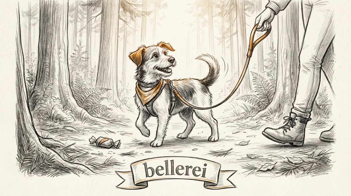 Ein glücklicher, aufmerksamer Hund an der Leine, der an einem unbekannten Objekt auf dem Boden vorbeigeht und seinen Besitzer anschaut, mit einer friedlichen Waldkulisse im Hintergrund.