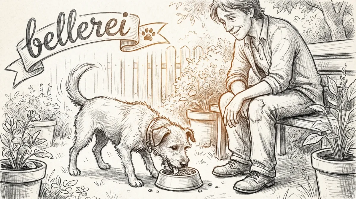 Ein glücklicher, entspannter Hund, der genüsslich aus einem Napf frisst, während sein Besitzer ihn liebevoll beobachtet, draußen in einem Garten.