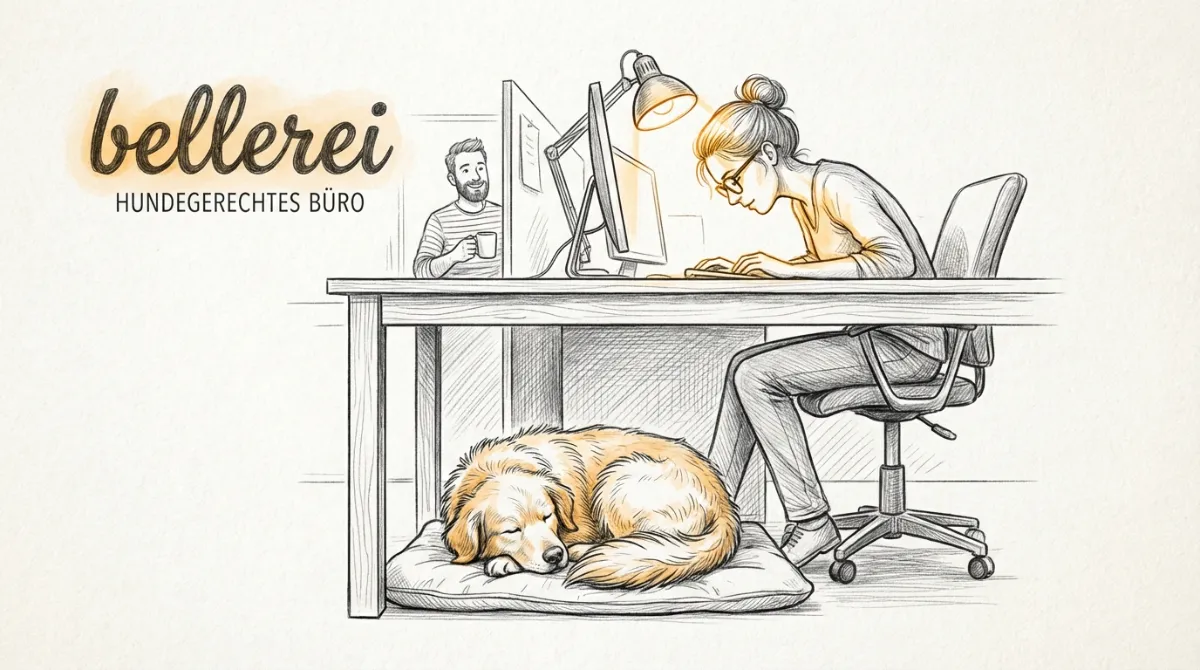 Ein glücklicher, entspannter Hund schläft unter einem Bürotisch, während sein Mensch konzentriert am Computer arbeitet. Im Hintergrund sieht man einen Kollegen lächeln.