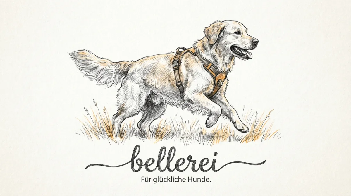 Ein glücklicher Golden Retriever rennt mit einem gut sitzenden Geschirr auf einer Wiese