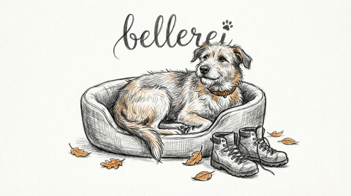 Ein glücklicher Hund, der nach einem Spaziergang entspannt und zufrieden in seinem Bett liegt.