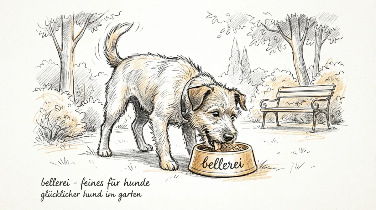 Ein glücklicher Hund frisst genüsslich aus einem bellerei Napf im Garten.