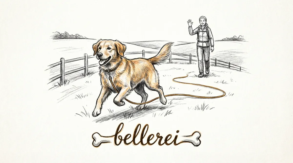 Ein glücklicher Hund rennt auf einer großen, eingezäunten Wiese, eine Schleppleine sichtbar, aber nicht aktiv haltend, im Hintergrund eine Person, die lächelt. Symbolisiert sicheren Freilauf.