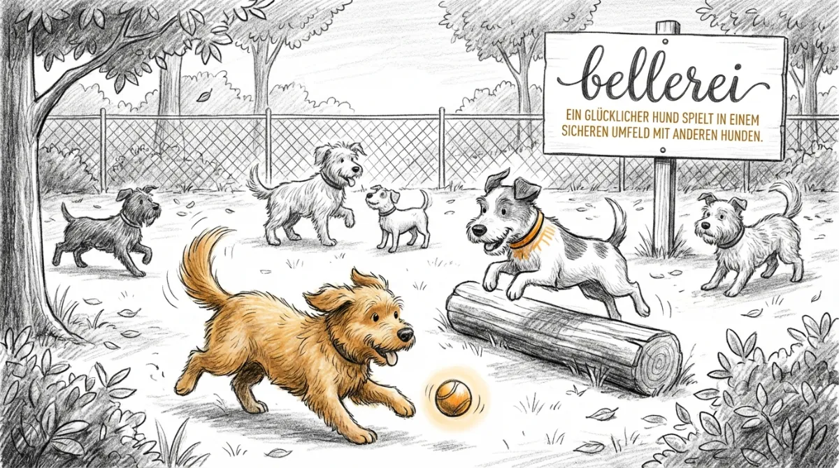 Ein glücklicher Hund spielt in einem sicheren Umfeld mit anderen Hunden.