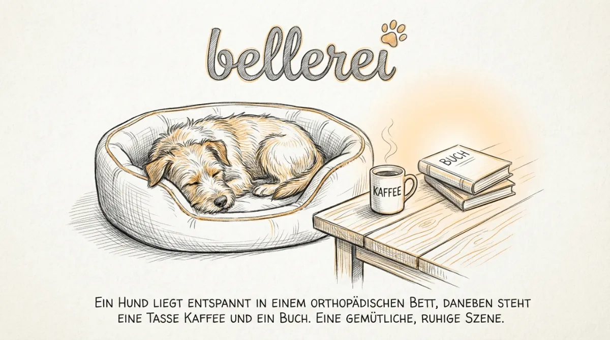 Ein Hund liegt entspannt in einem orthopädischen Bett, daneben steht eine Tasse Kaffee und ein Buch. Eine gemütliche, ruhige Szene.