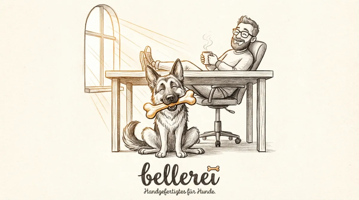 Ein Hund sitzt entspannt unter einem Schreibtisch und kaut auf einem Kauknochen, während sein Besitzer lächelt und einen Kaffee trinkt. Eine Sonne scheint durch das Fenster.