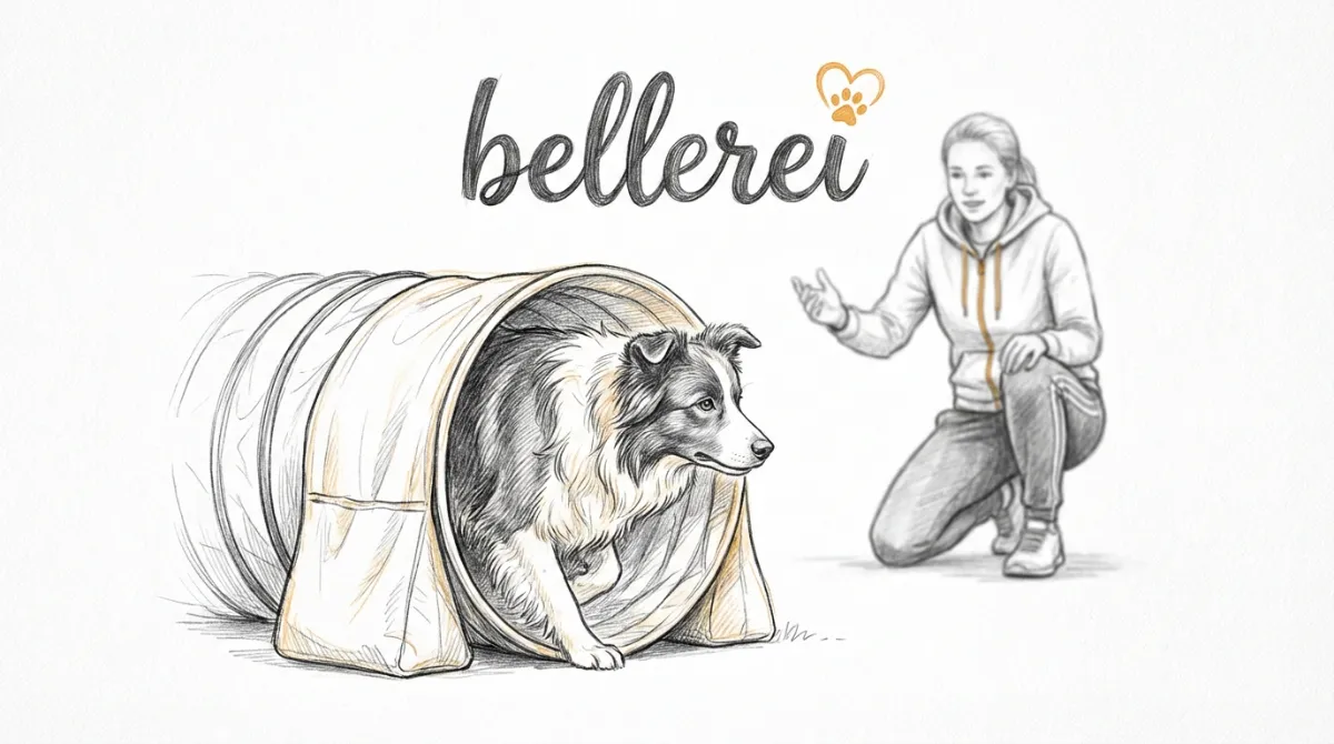 Ein Hund überwindet vorsichtig einen Agility-Tunnel mit seinem Menschen im Hintergrund