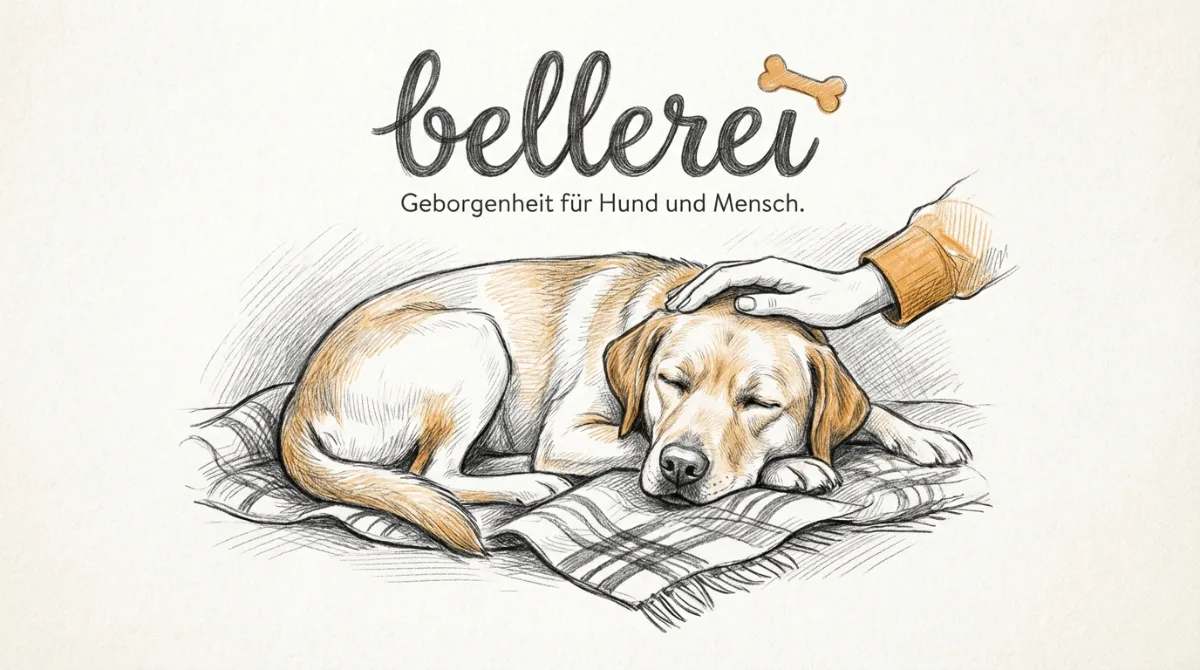 Ein zufriedener Hund, der entspannt auf einer Decke liegt, während sein Mensch ihn sanft streichelt, um Geborgenheit und Ruhe zu vermitteln.