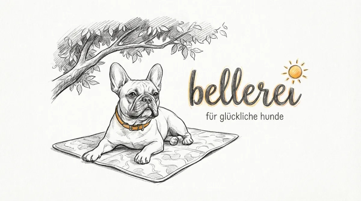 Eine Französische Bulldogge liegt entspannt auf einer kühlen Matte im Schatten