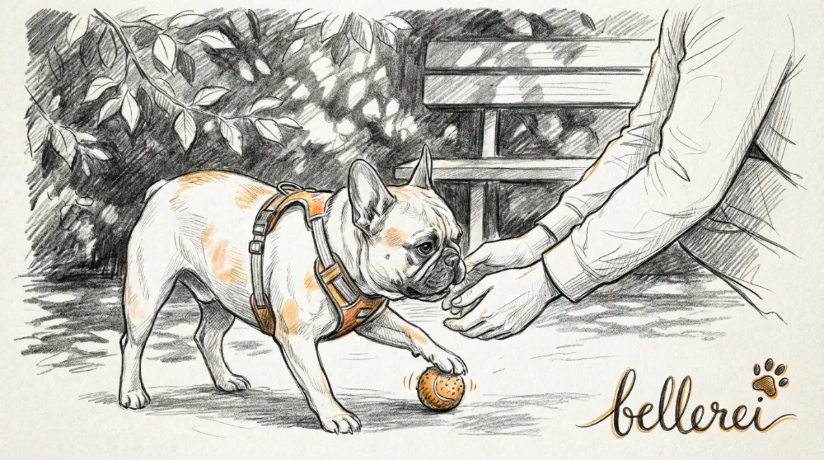 Eine Französische Bulldogge spielt vorsichtig und glücklich mit ihrem Besitzer in einem Garten mit Schatten