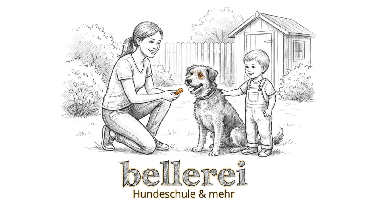 Eine Hundetrainerin kniet bei einem Hund und einem Kind, alle lächeln. Die Hundetrainerin demonstriert mit Leckerlis eine positive Interaktion zwischen Hund und Kind in einem Garten.