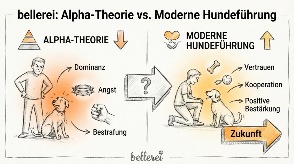 Eine Infografik mit den Hauptunterschieden zwischen der Alpha-Theorie und moderner Hundeführung