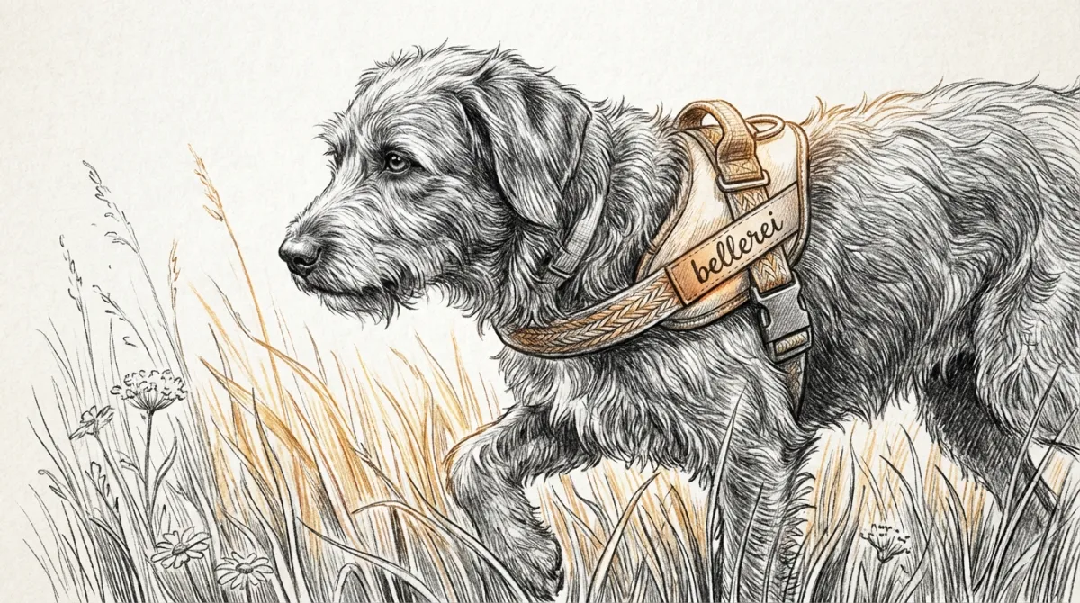 Eine Nahaufnahme eines bellerei Hundegeschirrs an einem liebevoll gestriegelten Hund, der entspannt durch eine grüne Wiese läuft, mit Sonnenlicht.