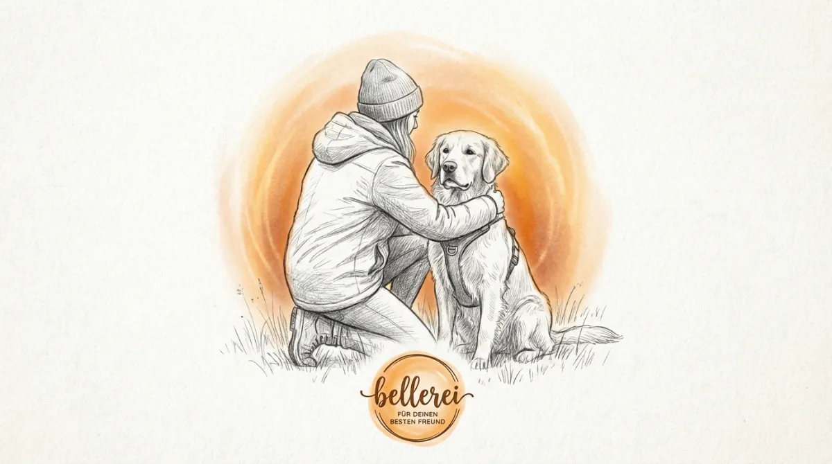 A loving pet owner comforting their dog with epilepsy during a calm moment, perhaps after a walk in nature.