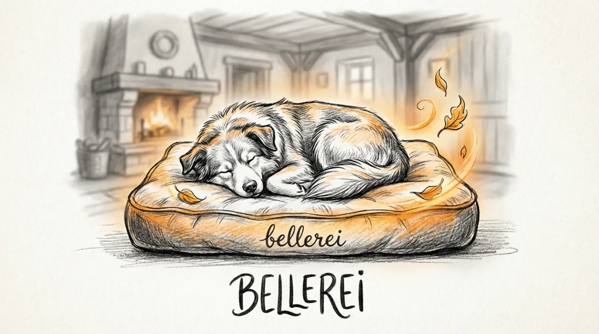 A beautiful, serene dog lying on a soft bellerei dog bed, looking peaceful and content.