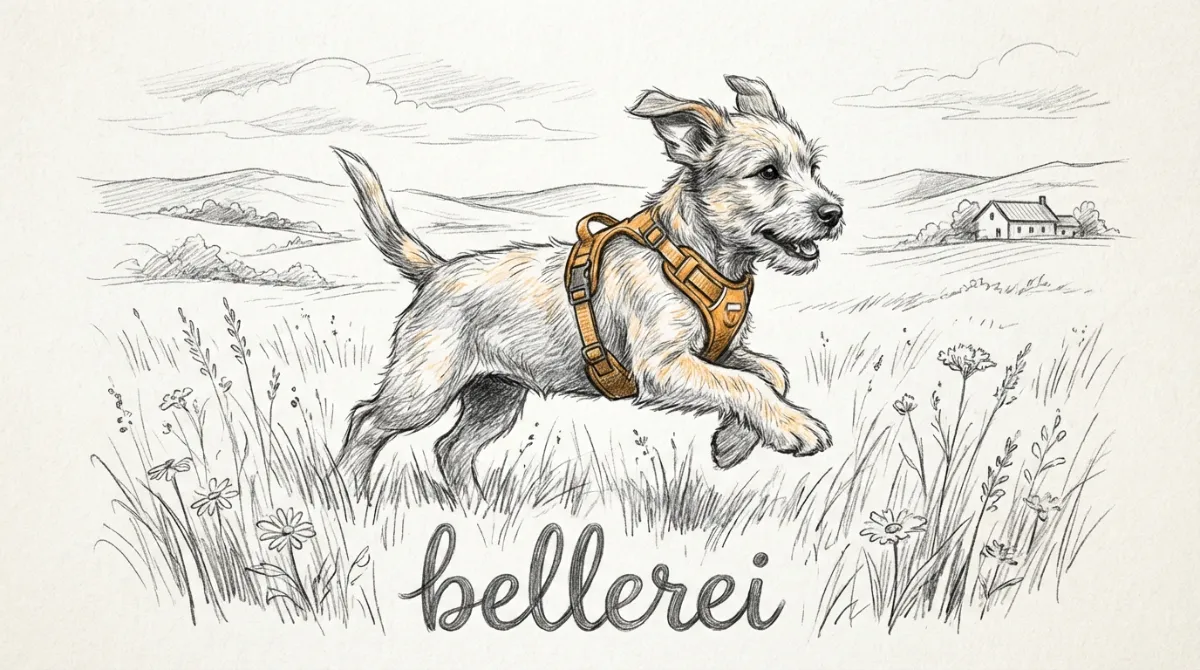 A puppy playing happily in a field, full of energy, with a well-fitting Y-harness