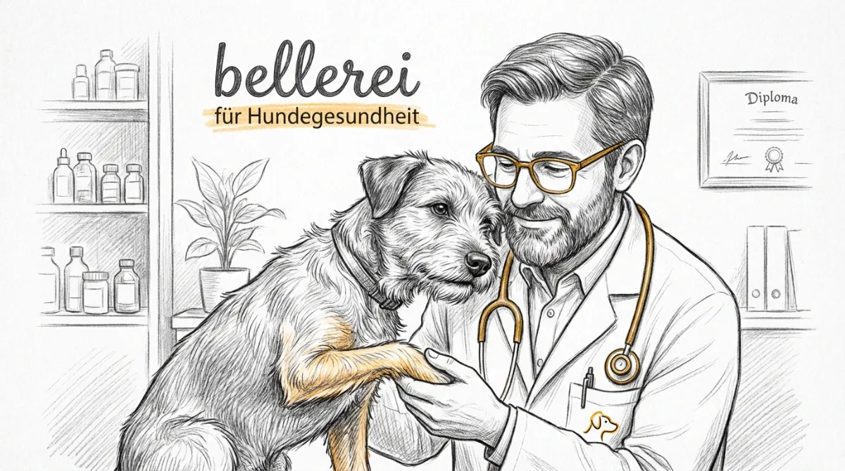 A caring veterinarian examining a young dog's leg with a gentle hand, dog looking comfortable