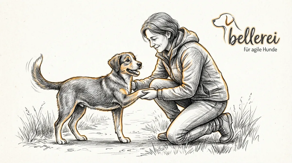 A dog owner gently stretching their happy young dog's leg after a walk, promoting flexibility and showing care