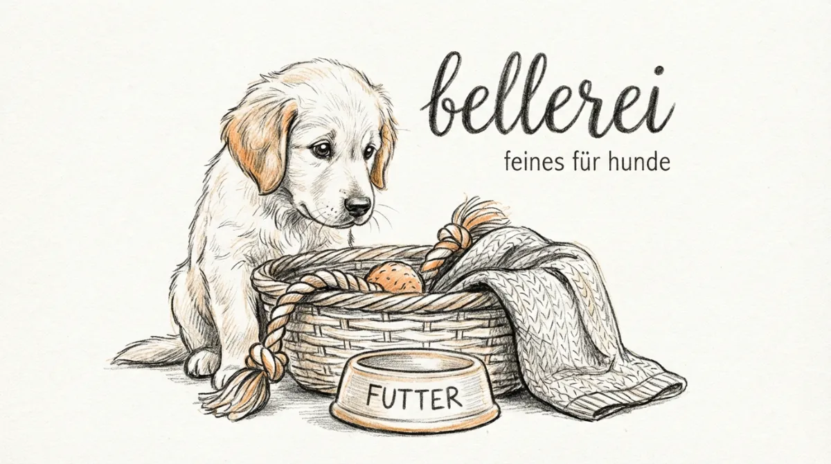 A cute Golden Retriever puppy looking curiously at a pile of new dog accessories (toy, bowl, soft blanket).