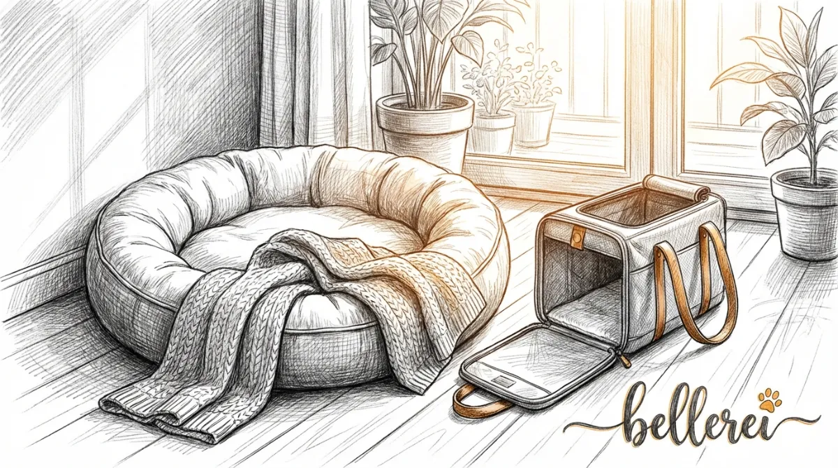 A cozy dog bed with a soft blanket, next to a small puppy-sized transport box in a bright, inviting room.