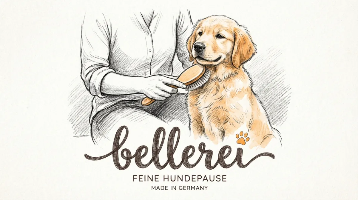 A Golden Retriever puppy being gently brushed by a person, showing a calm and happy expression.