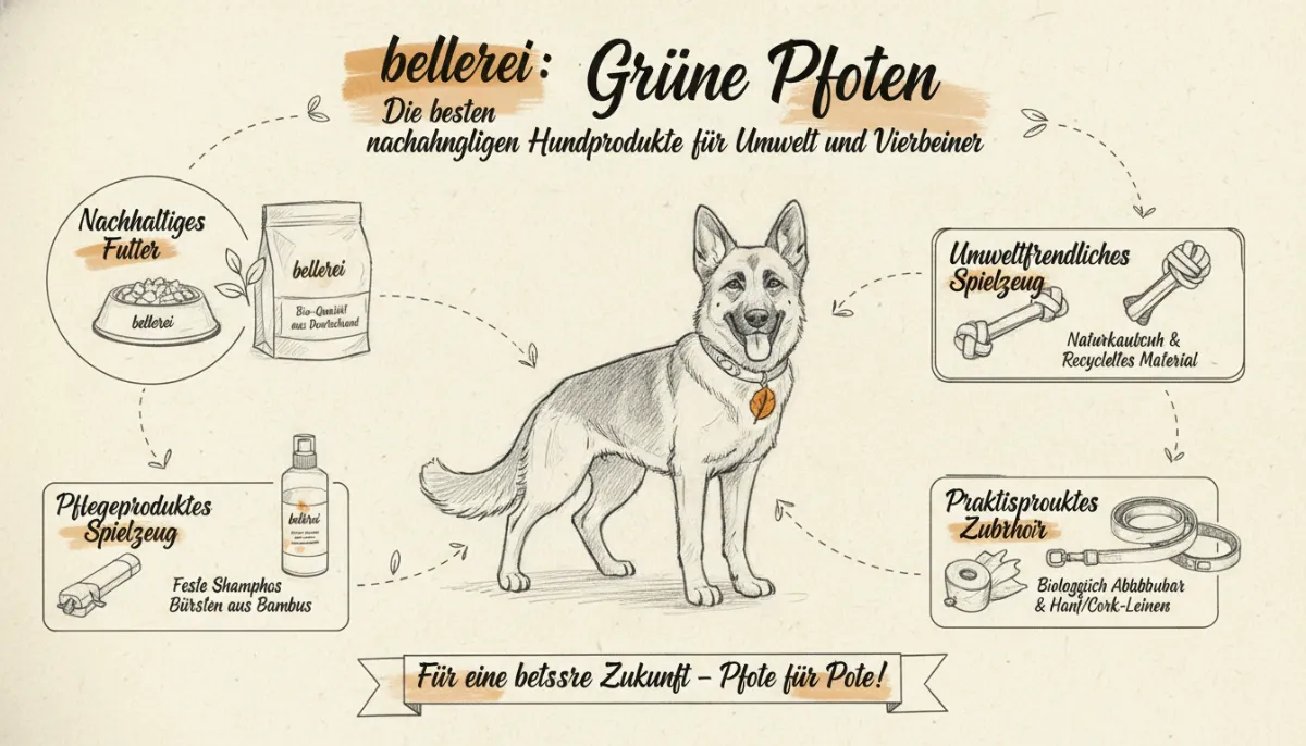 Educational infographic for Grüne Pfoten: Die besten nachhaltigen Hundeprodukte für Umwelt und Vierbeiner with GERMAN TEXT ONLY, pencil sketch style