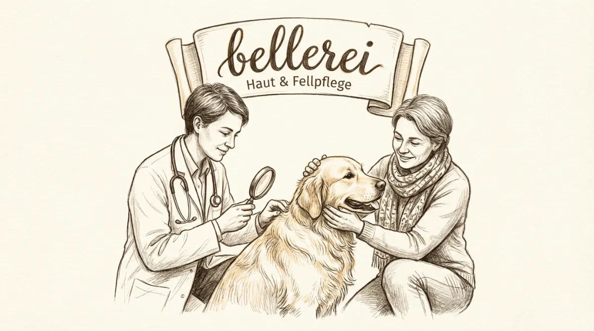 A veterinarian gently examining a dog's skin, with a supportive owner present, showing professional care.
