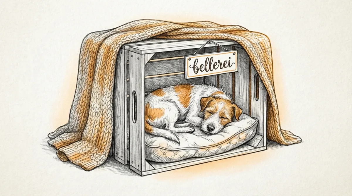 A cozy dog bed or crate, perhaps with a blanket draped over it to create a den-like feel, with a happy, relaxed dog inside.