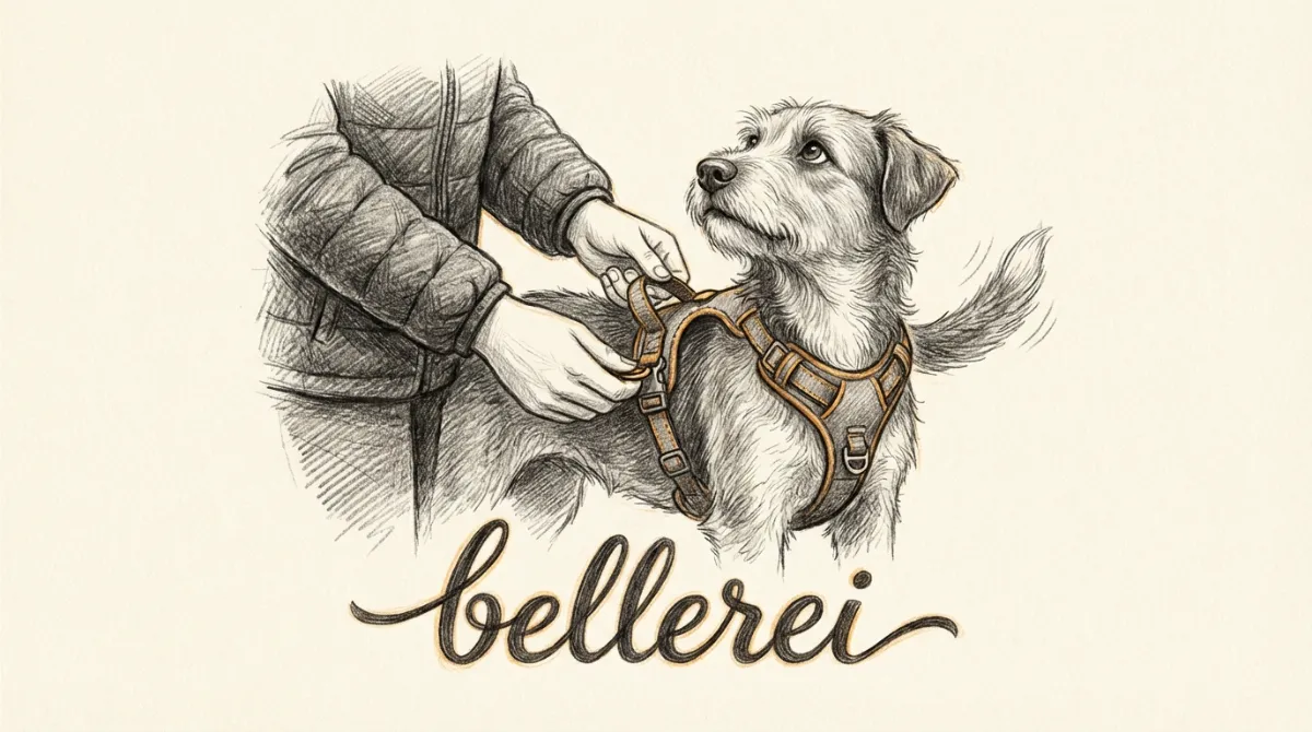 A caring dog owner gently putting on a comfortable, padded Y-harness on their dog, with a calm, reassured expression on the dog's face.