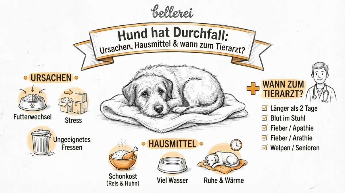Hero Image for Hund hat Durchfall: Ursachen, Hausmittel & wann zum Tierarzt?, pencil sketch style
