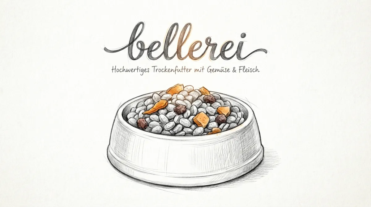 Eine Schale mit hochwertigem Trockenfutter, das verschiedene gesunde Zutaten wie Gemüse und Fleisch zeigt.