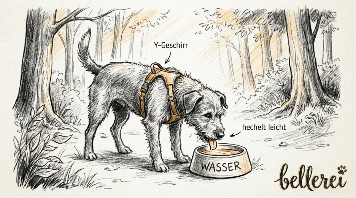 Ein Hund mit Y-Geschirr hechelt leicht nach einem Spaziergang, trinkt aus einer Wasserschale, umgeben von grüner Natur.
