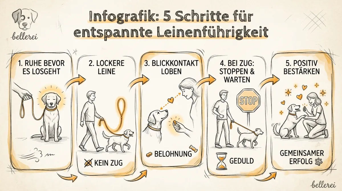 Infografik: 5 Schritte für entspannte Leinenführigkeit.
