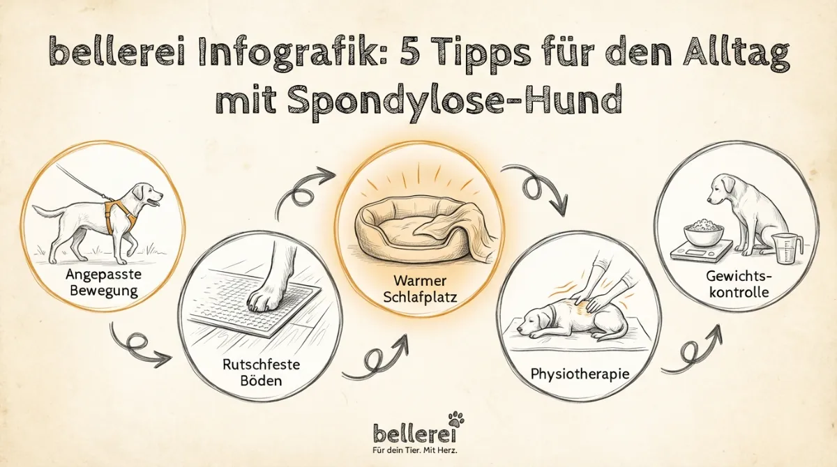 Infografik: 5 Tipps für den Alltag mit Spondylose-Hund – Angepasste Bewegung, Rutschfeste Böden, Warmer Schlafplatz, Physiotherapie, Gewichtskontrolle.