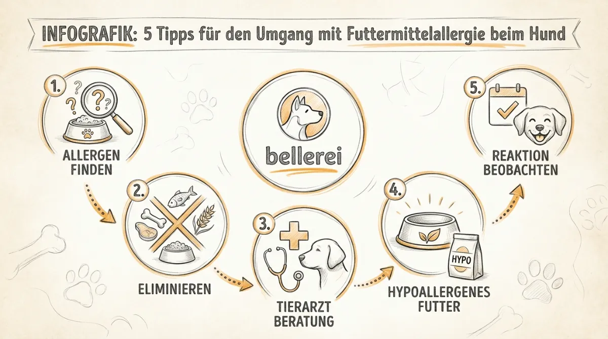 Infografik: 5 Tipps für den Umgang mit Futtermittelallergie beim Hund. Klare Icons und kurze Texte.